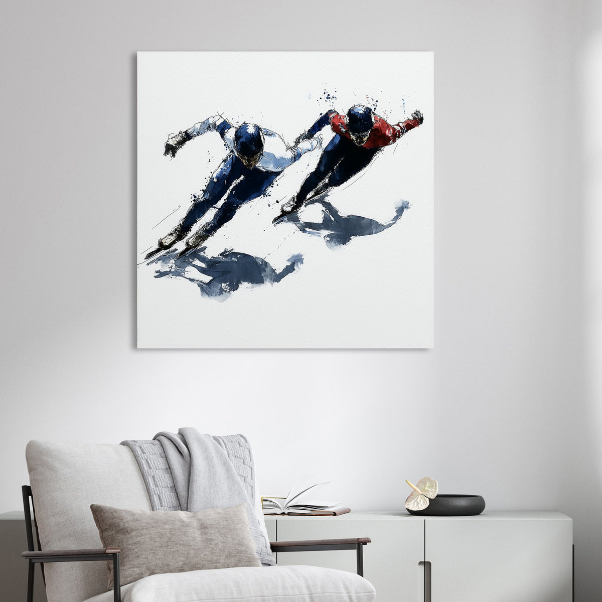 Two speed skaters leaning into a turn in a contemporary watercolour wall art style.