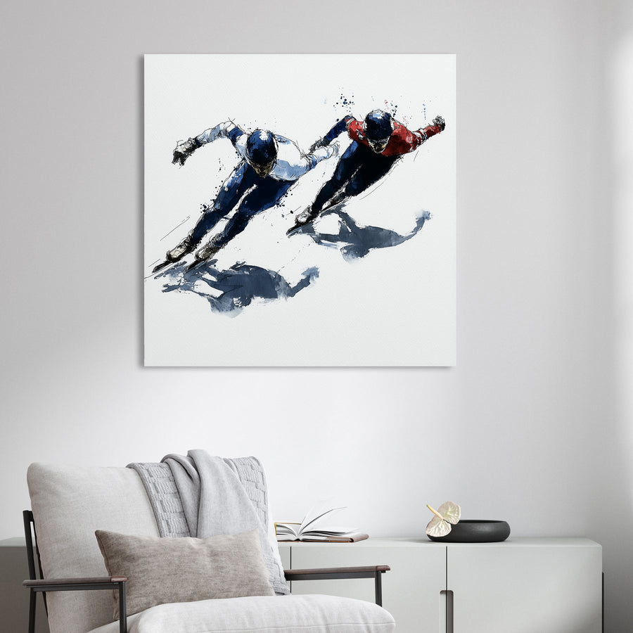 Two speed skaters leaning into a turn in a contemporary watercolour wall art style.