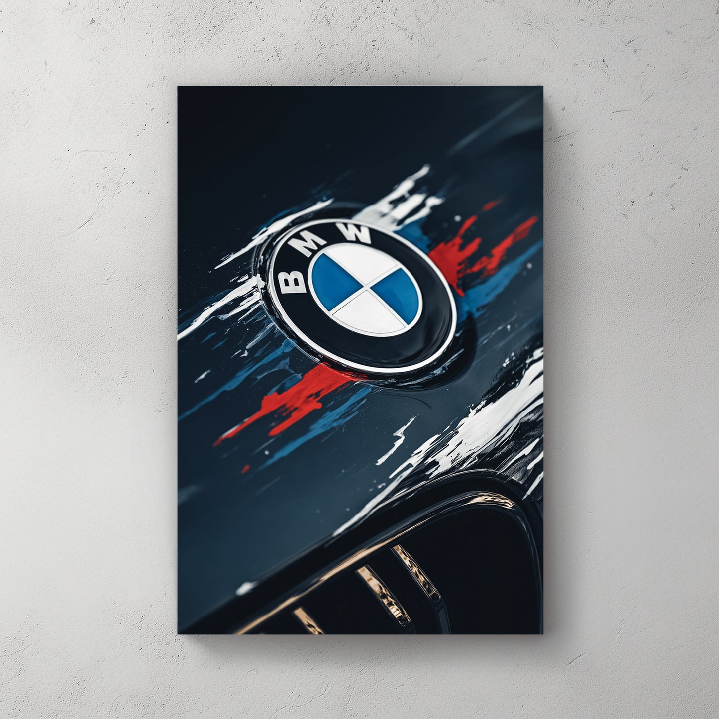 BMW logo with blue and red paint streaks on a dark car hood wall art