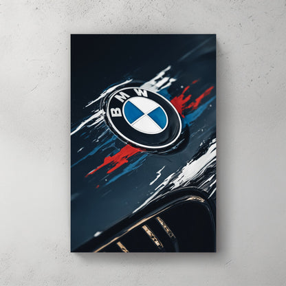 BMW logo with blue and red paint streaks on a dark car hood wall art