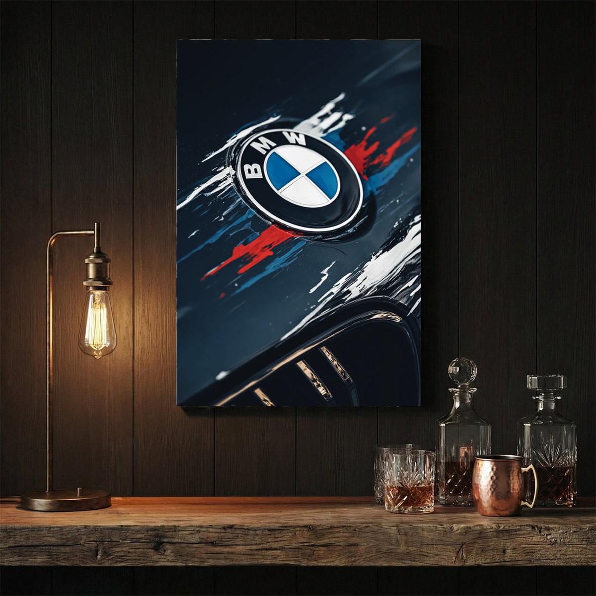 BMW logo with blue and red paint streaks on a dark car hood wall art