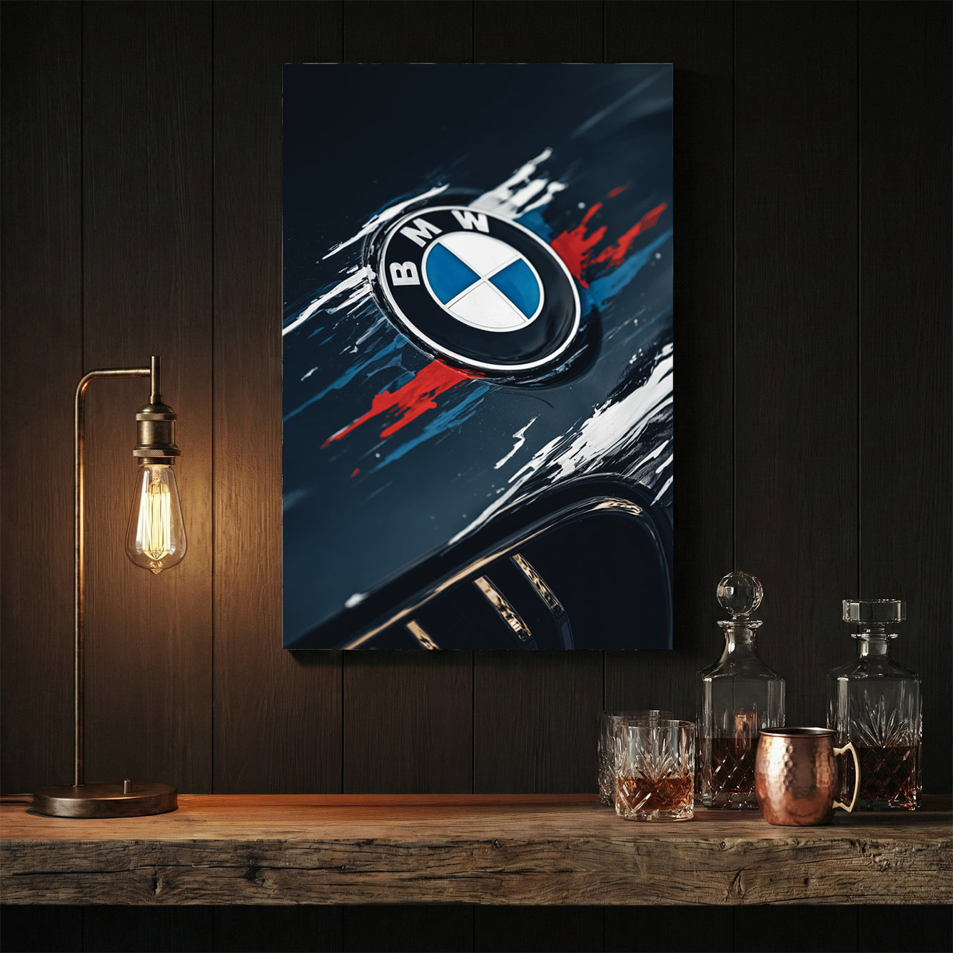 BMW logo with blue and red paint streaks on a dark car hood wall art