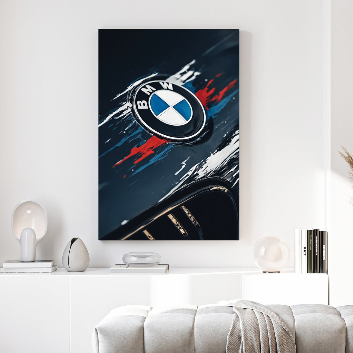 BMW logo with blue and red paint streaks on a dark car hood wall art