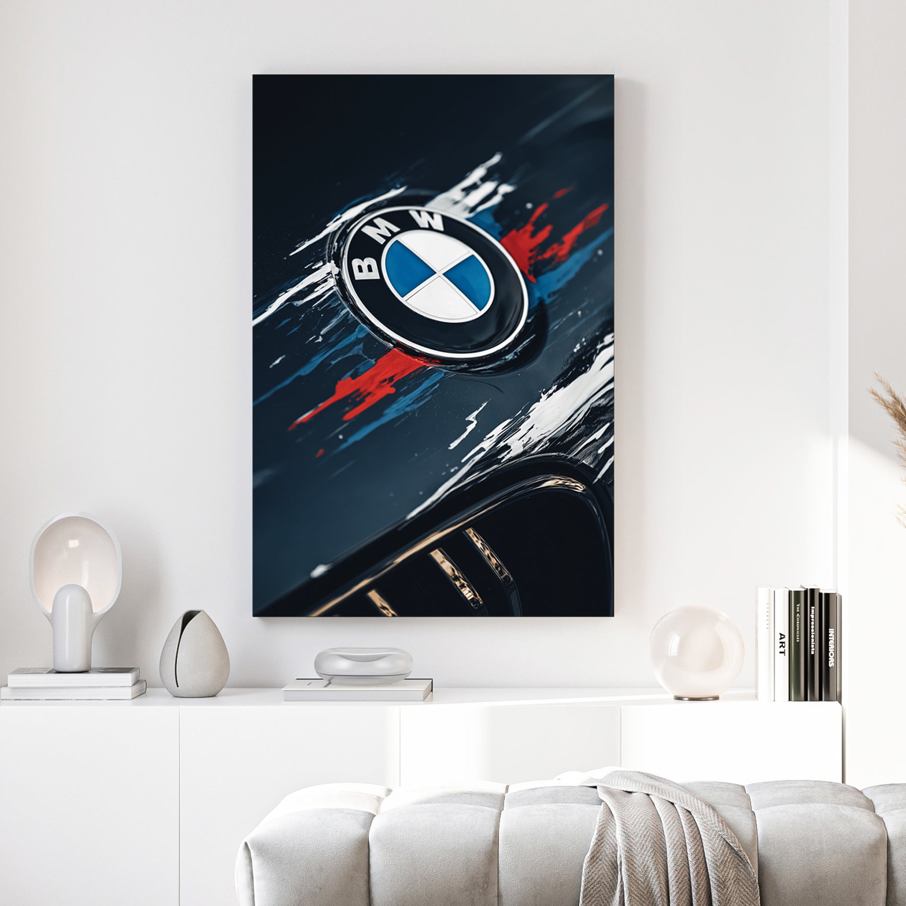 BMW logo with blue and red paint streaks on a dark car hood wall art