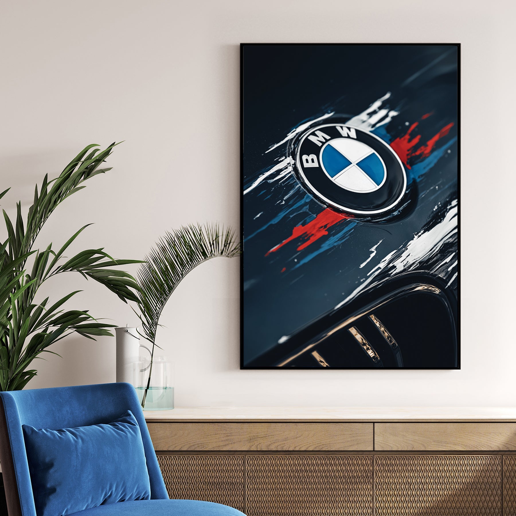 BMW logo with blue and red paint streaks on a dark car hood wall art