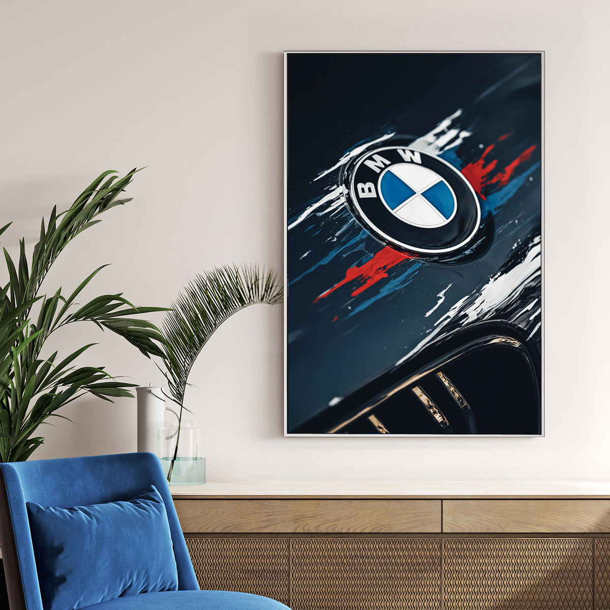 BMW logo with blue and red paint streaks on a dark car hood wall art