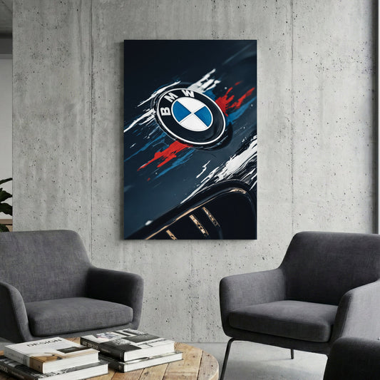 BMW logo with blue and red paint streaks on a dark car hood wall art
