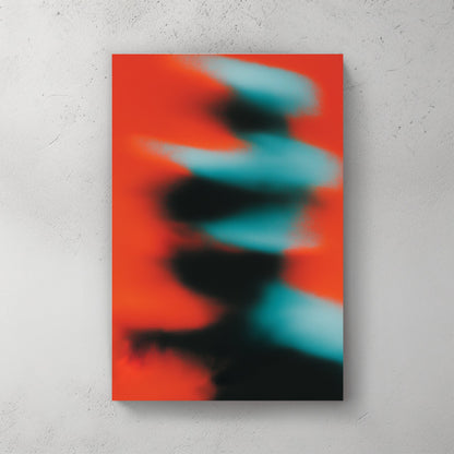 Abstract motion blur wall art with teal and black shapes on a red background.