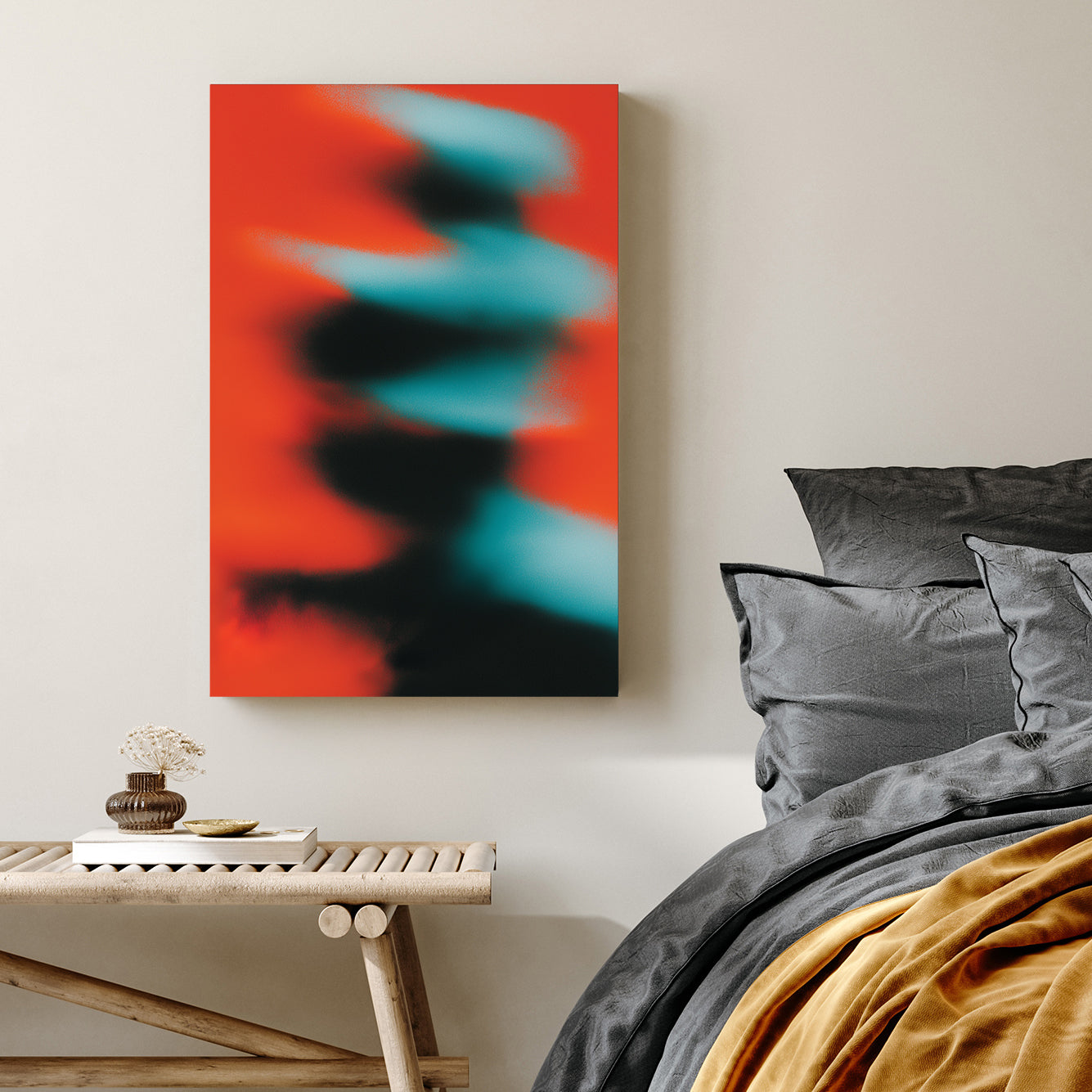 Abstract motion blur wall art with teal and black shapes on a red background.