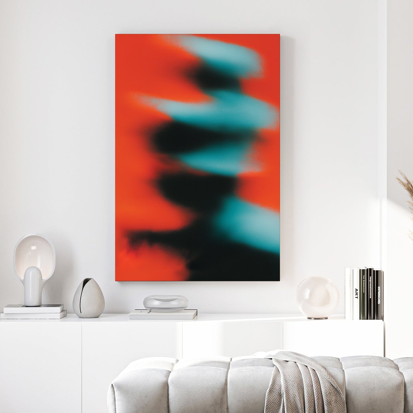 Abstract motion blur wall art with teal and black shapes on a red background.