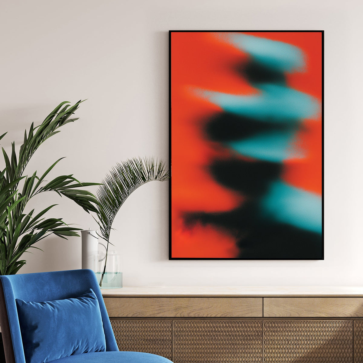 Abstract motion blur wall art with teal and black shapes on a red background.