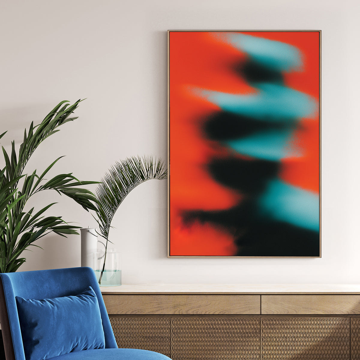 Abstract motion blur wall art with teal and black shapes on a red background.