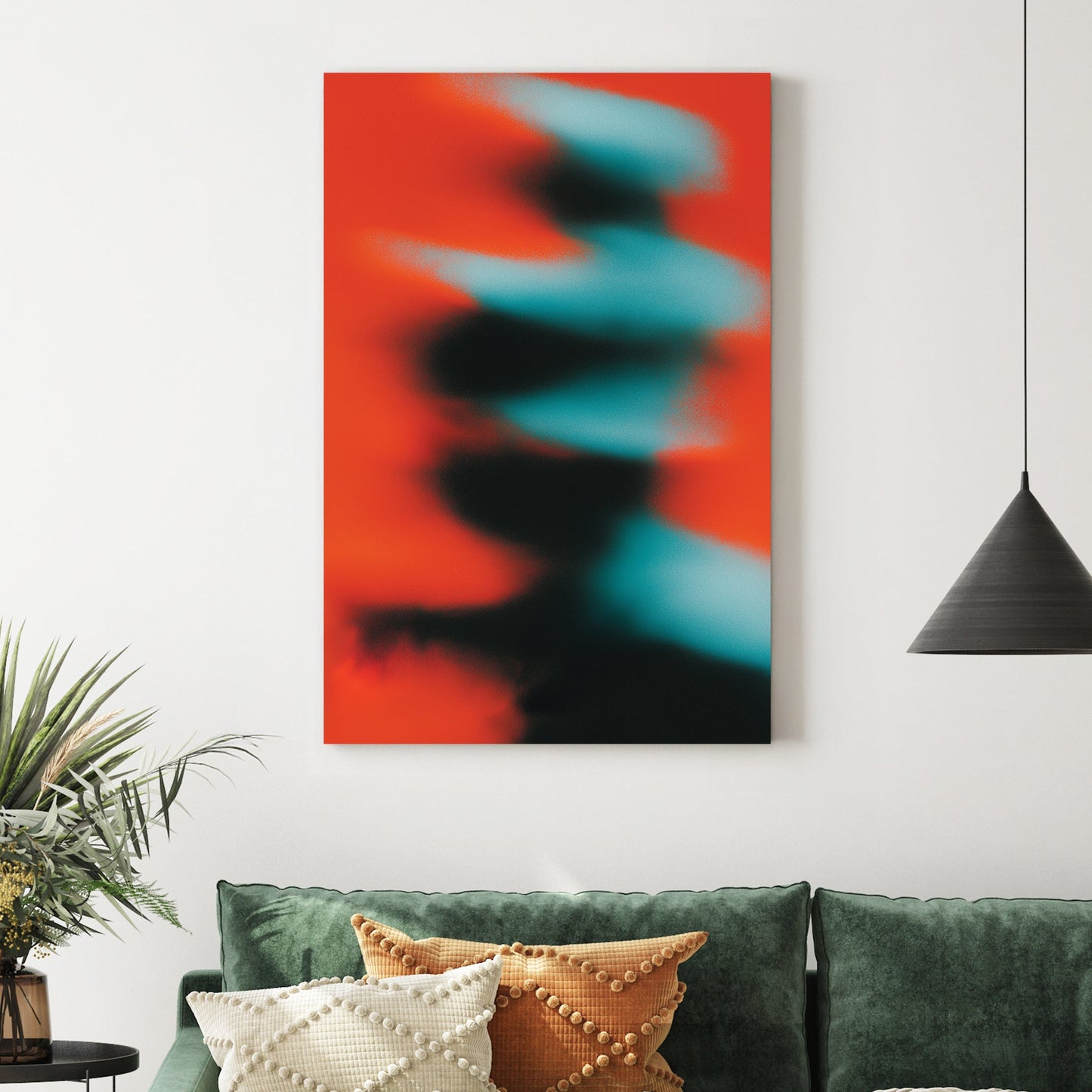 Abstract motion blur wall art with teal and black shapes on a red background.
