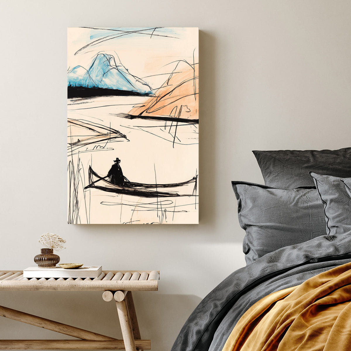 Minimalist sketch of a man in a canoe with blue mountains wall art.