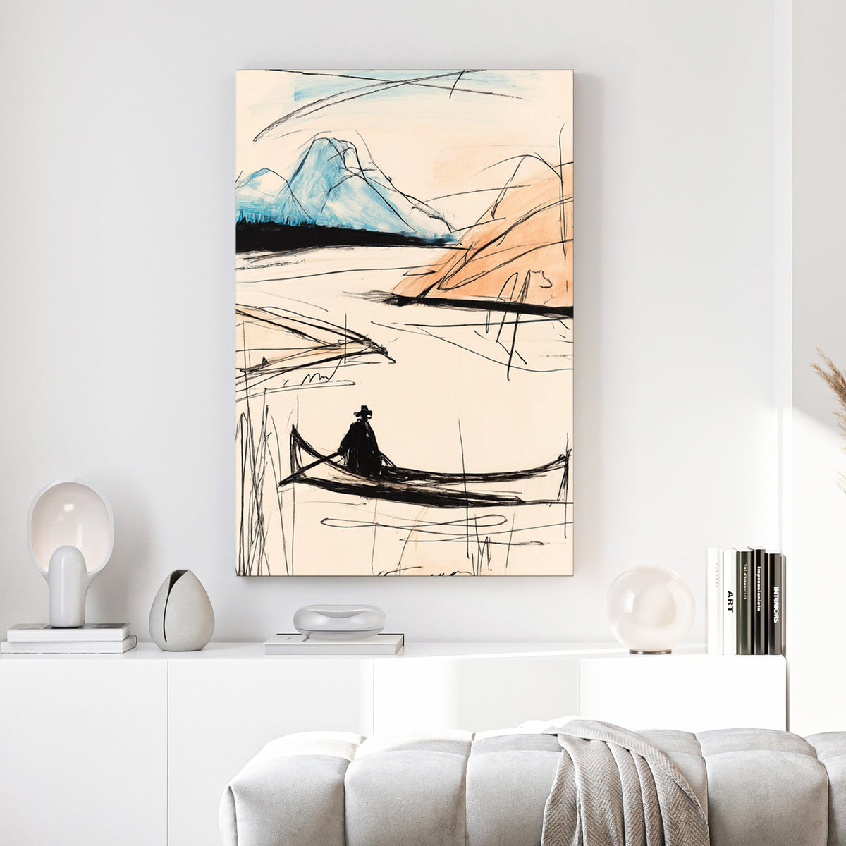 Minimalist sketch of a man in a canoe with blue mountains wall art.