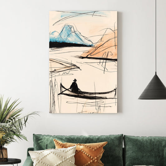 Minimalist sketch of a man in a canoe with blue mountains wall art.