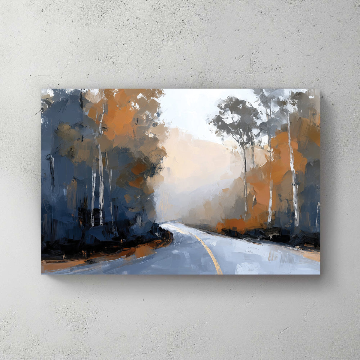 Impressionist wall art of a winding mountain road with autumn trees and blue shadows.