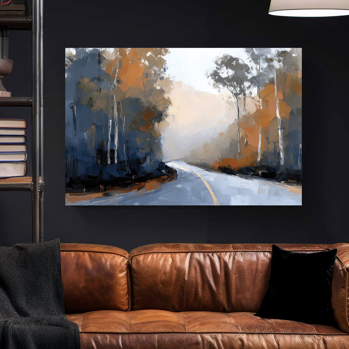 Impressionist wall art of a winding mountain road with autumn trees and blue shadows.
