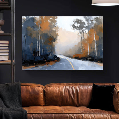 Impressionist wall art of a winding mountain road with autumn trees and blue shadows.