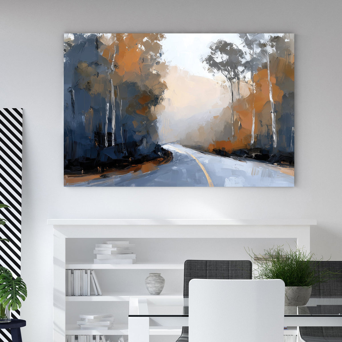 Impressionist wall art of a winding mountain road with autumn trees and blue shadows.