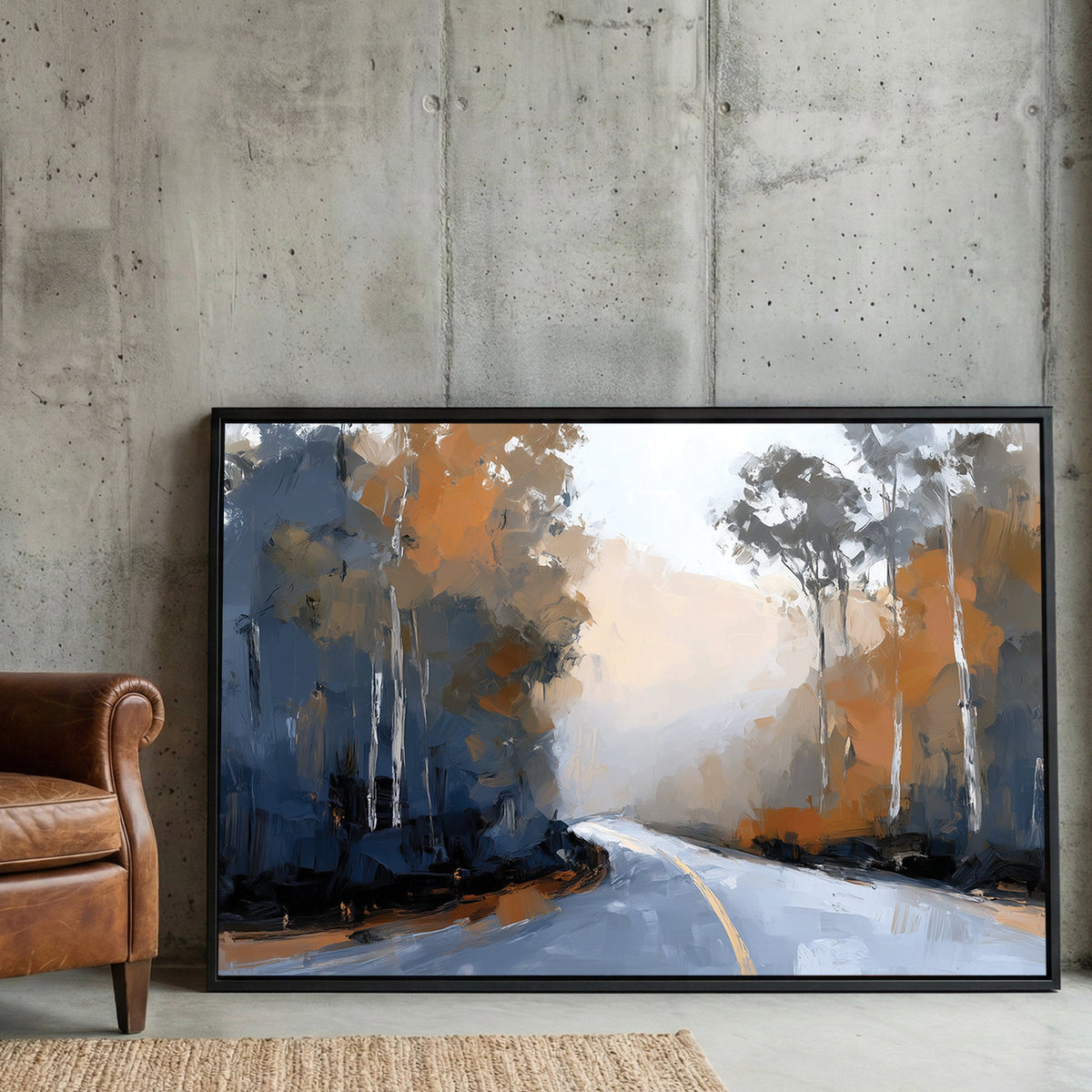 Impressionist wall art of a winding mountain road with autumn trees and blue shadows.