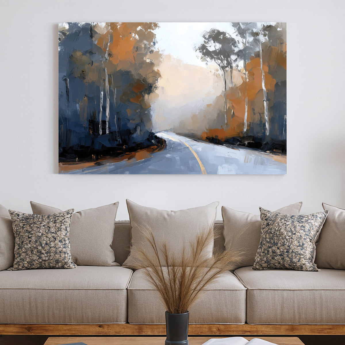Impressionist wall art of a winding mountain road with autumn trees and blue shadows.