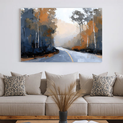 Impressionist wall art of a winding mountain road with autumn trees and blue shadows.