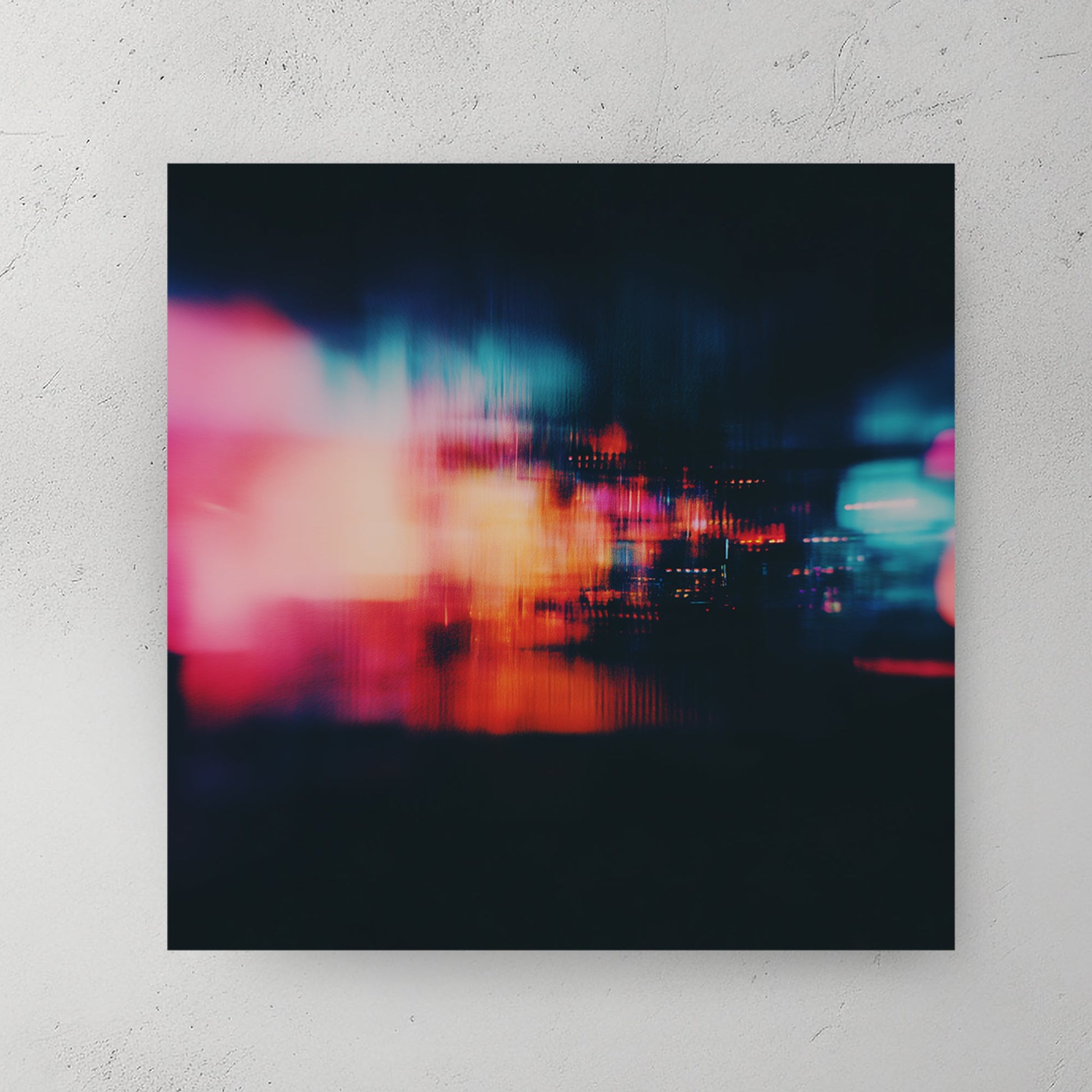 Abstract Neon City Lights wall art with pink and teal motion blur on a dark background.