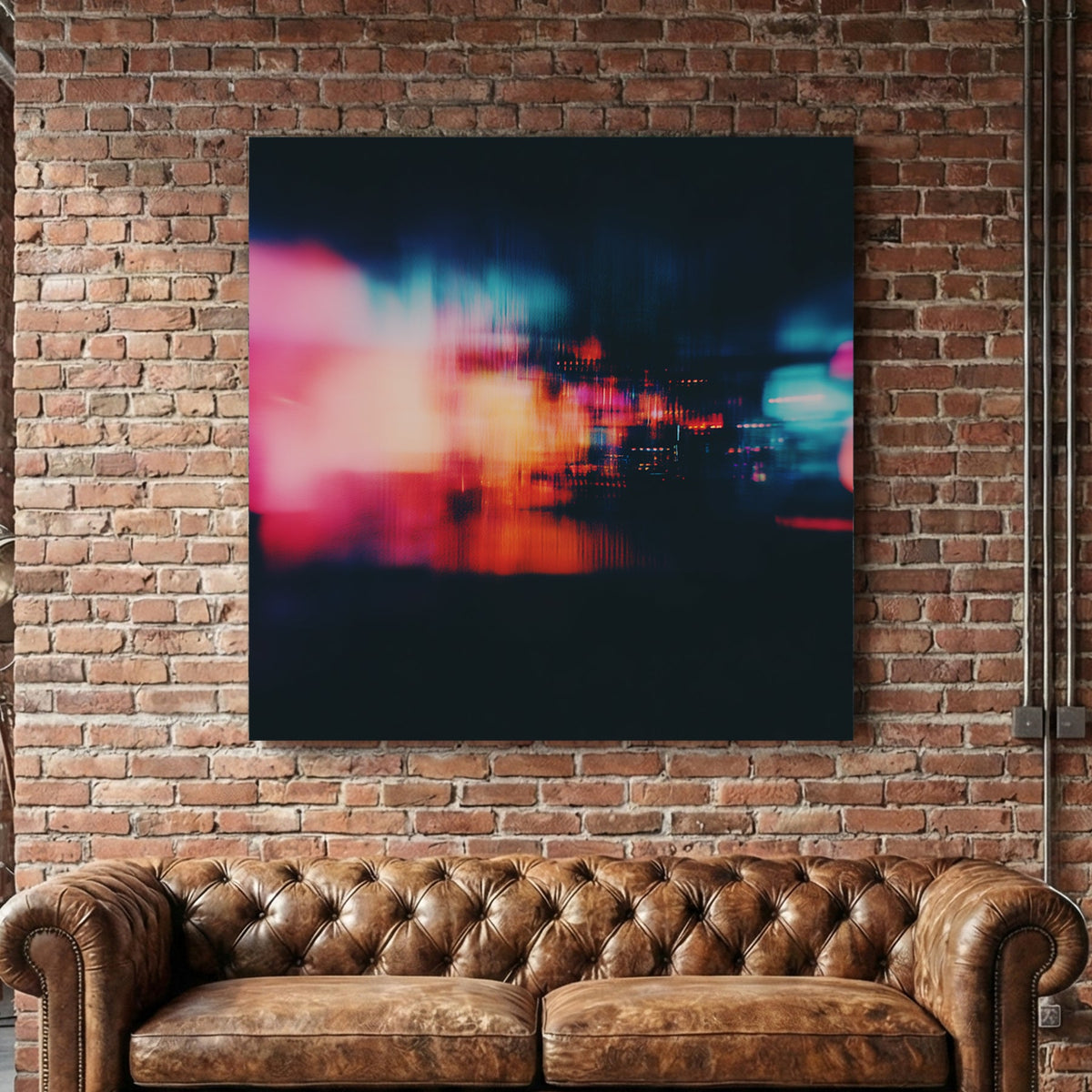 Abstract Neon City Lights wall art with pink and teal motion blur on a dark background.