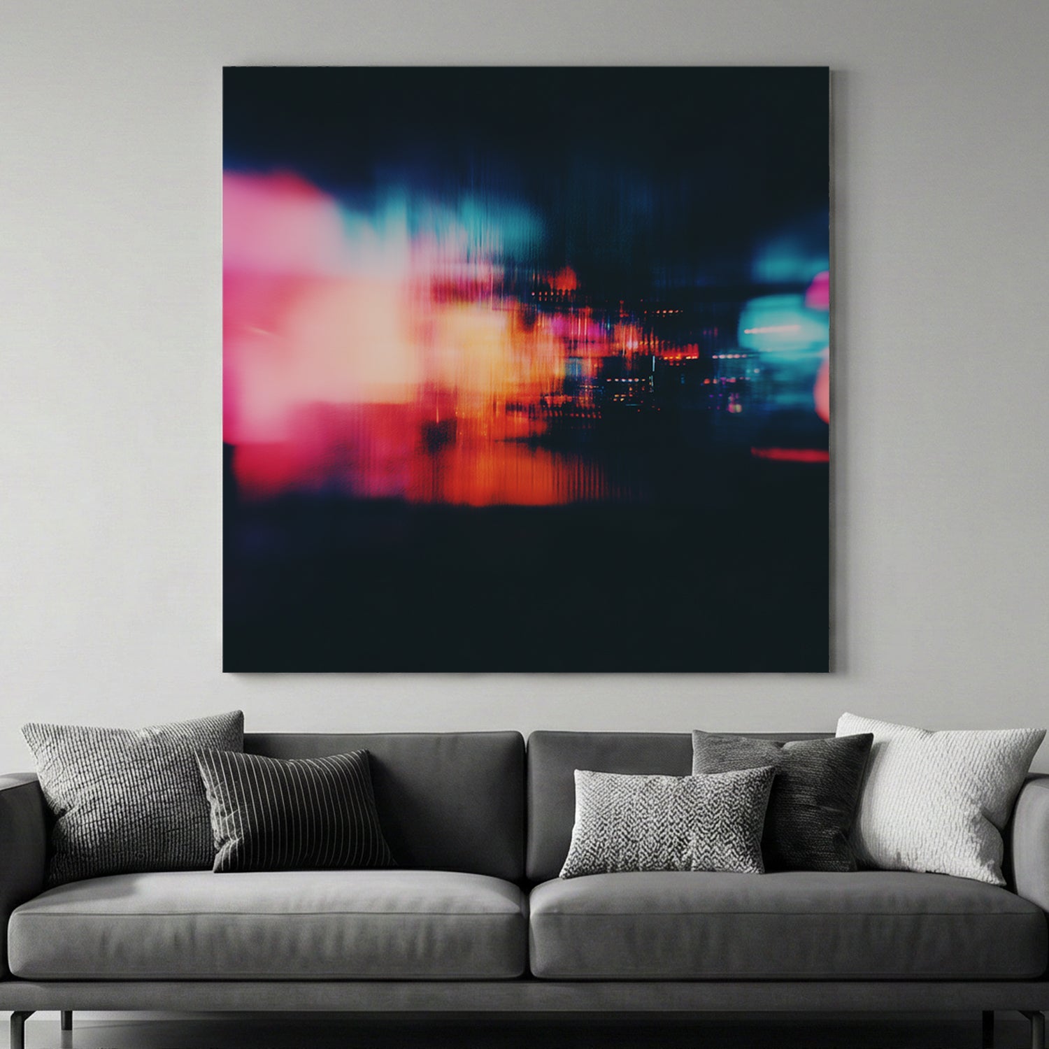 Abstract Neon City Lights wall art with pink and teal motion blur on a dark background.