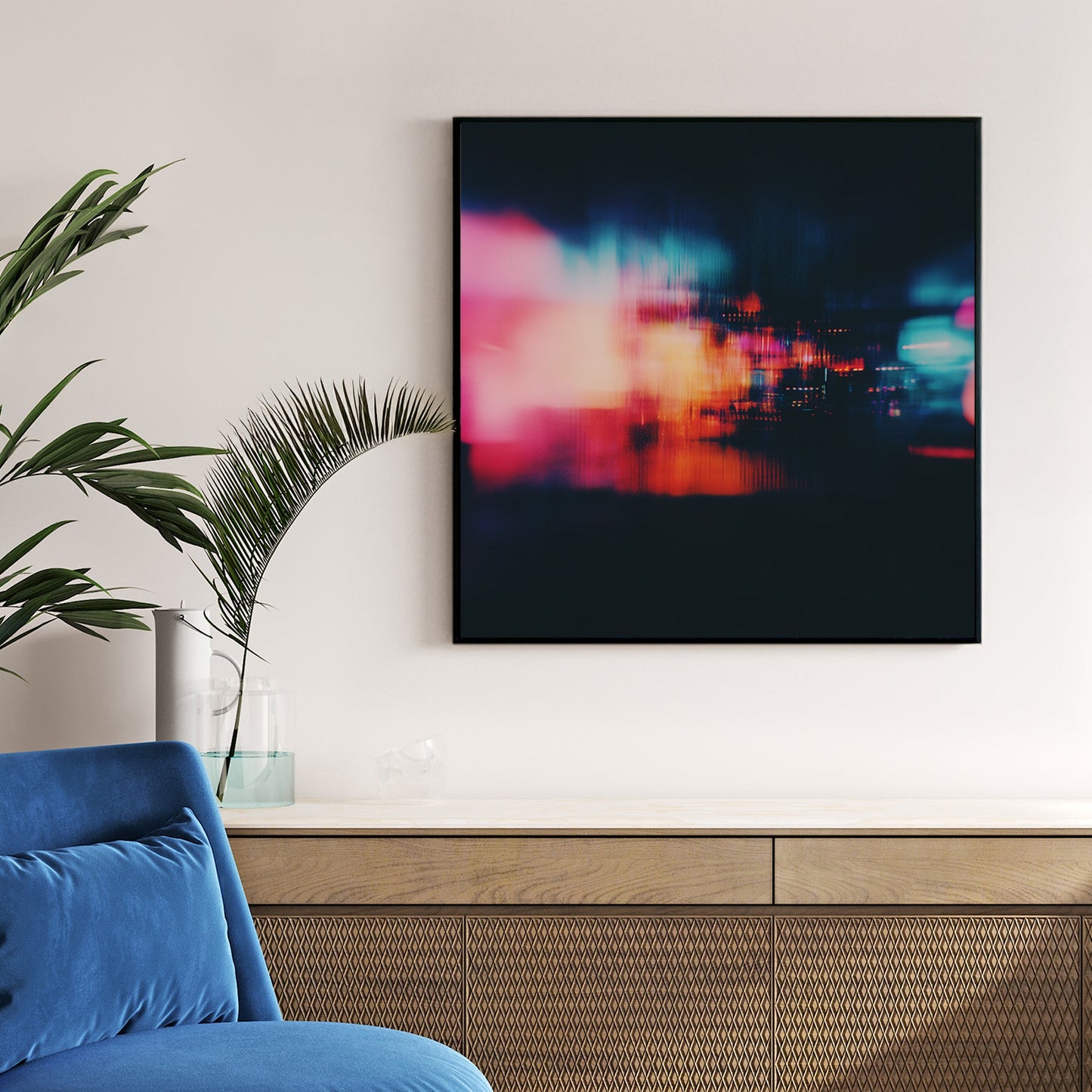 Abstract Neon City Lights wall art with pink and teal motion blur on a dark background.