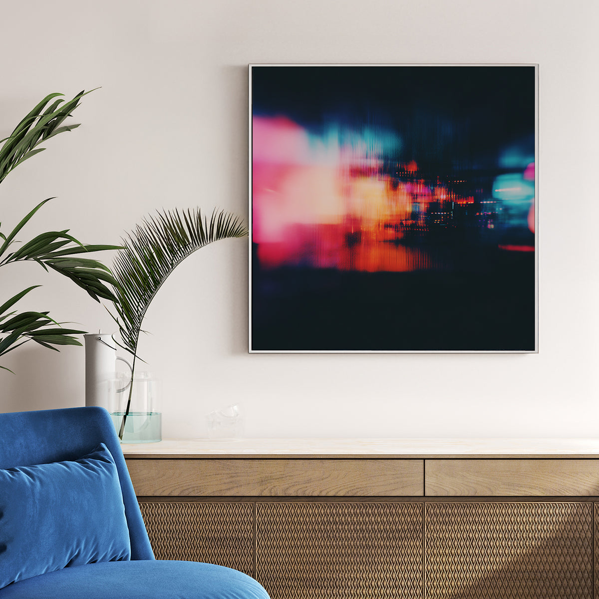 Abstract Neon City Lights wall art with pink and teal motion blur on a dark background.