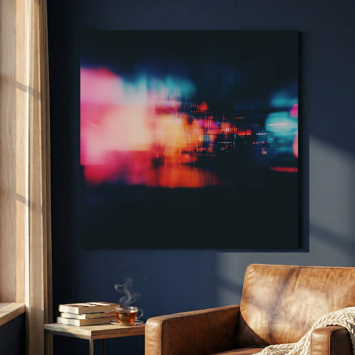 Abstract Neon City Lights wall art with pink and teal motion blur on a dark background.