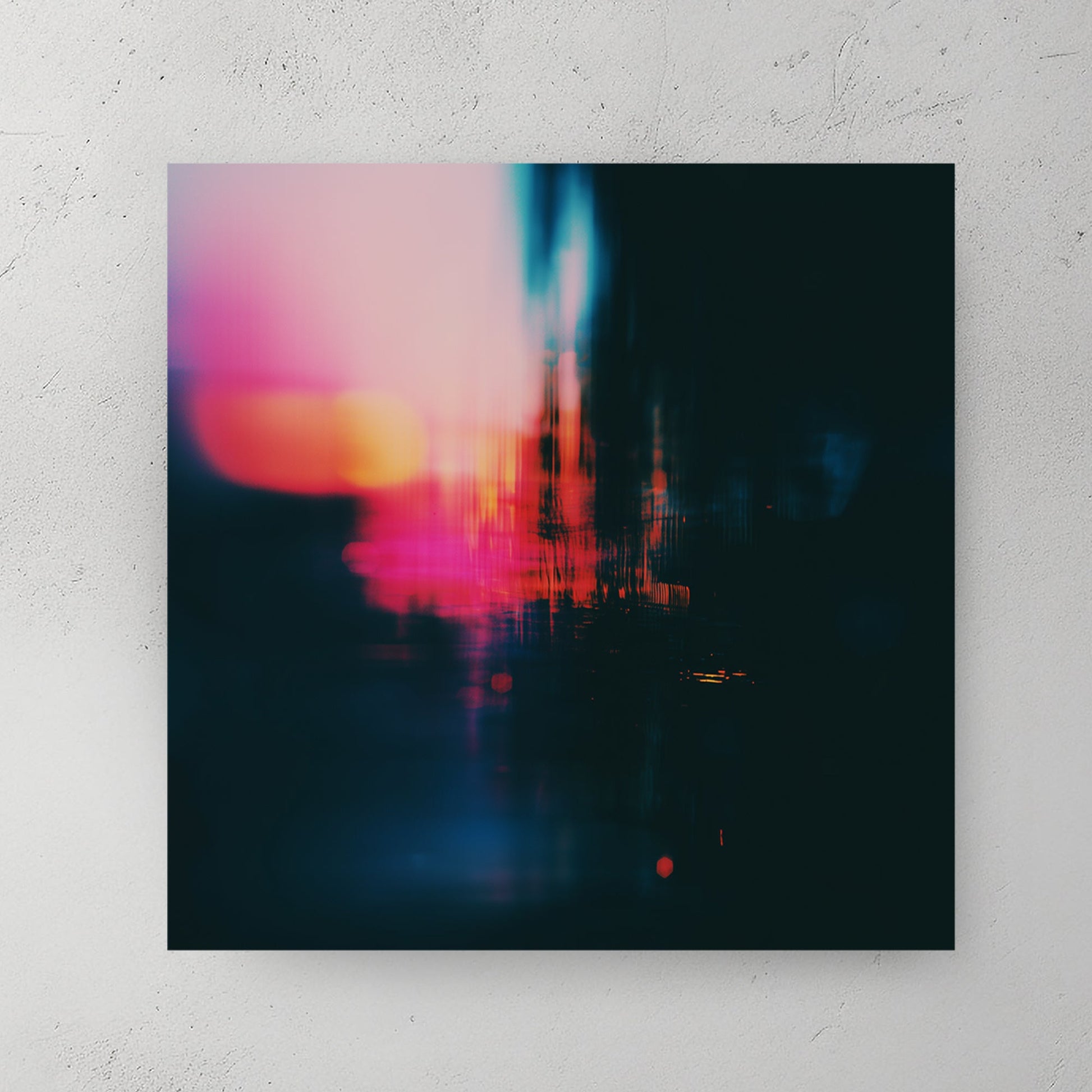Abstract urban night city lights photography wall art with pink and blue bokeh.