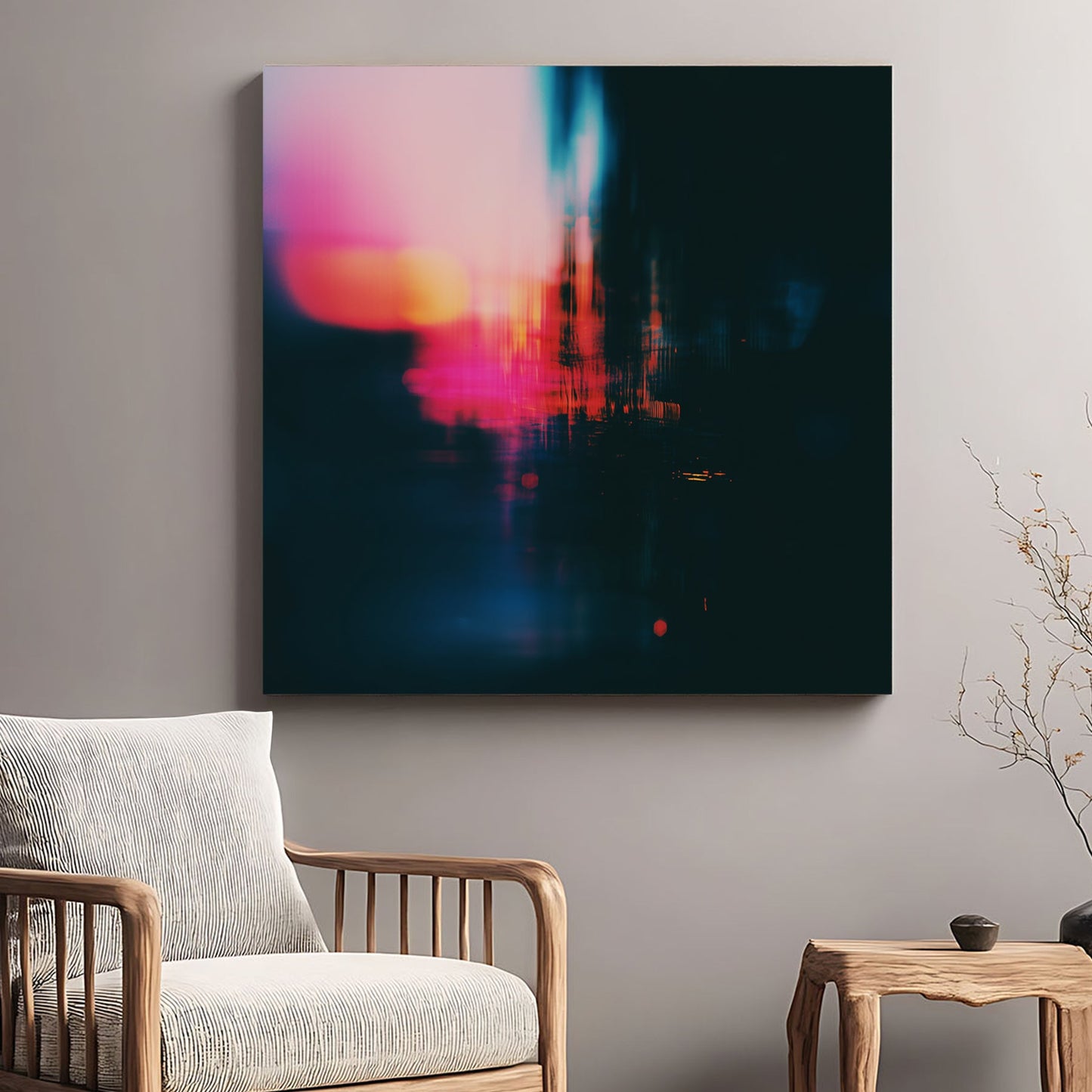 Abstract urban night city lights photography wall art with pink and blue bokeh.