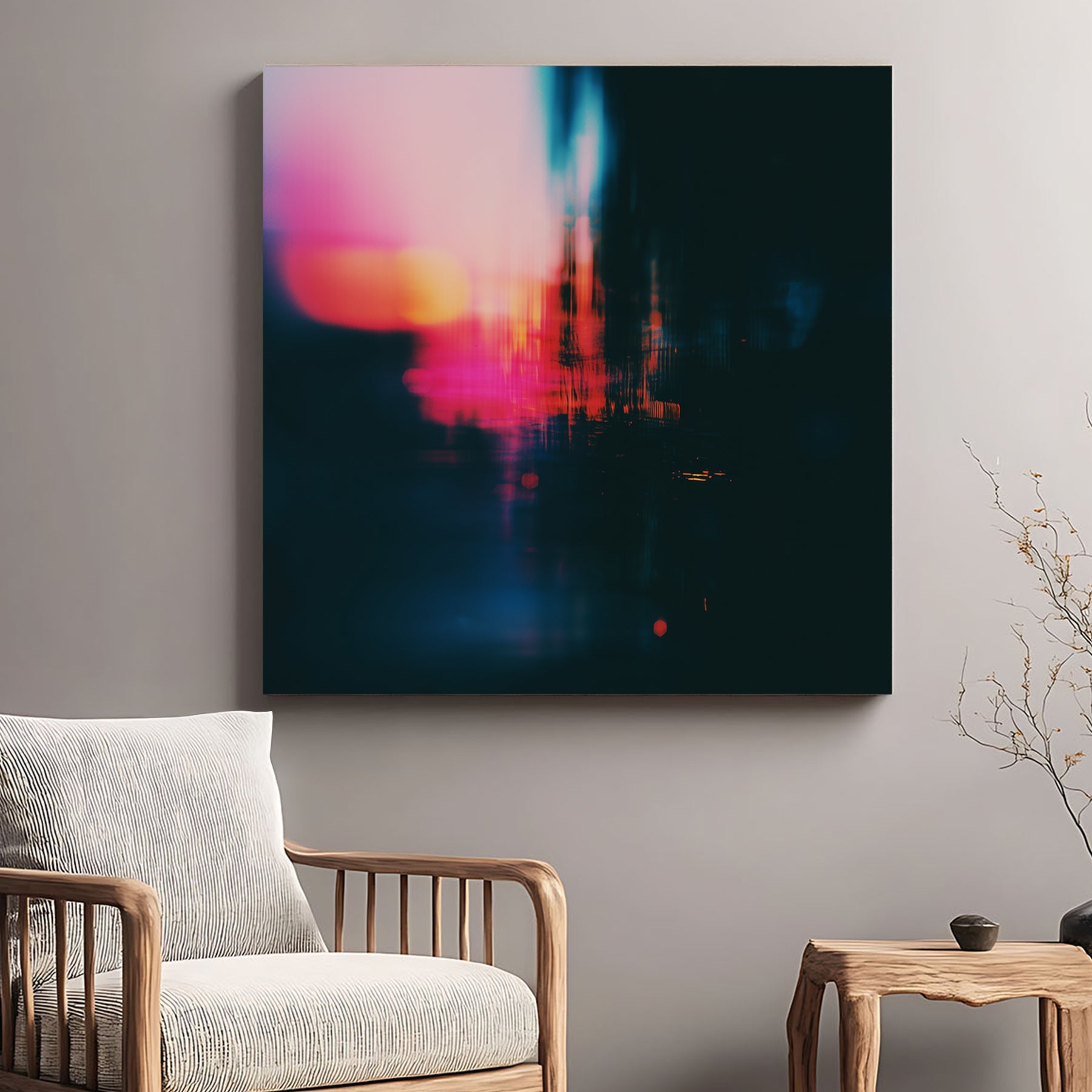 Abstract urban night city lights photography wall art with pink and blue bokeh.