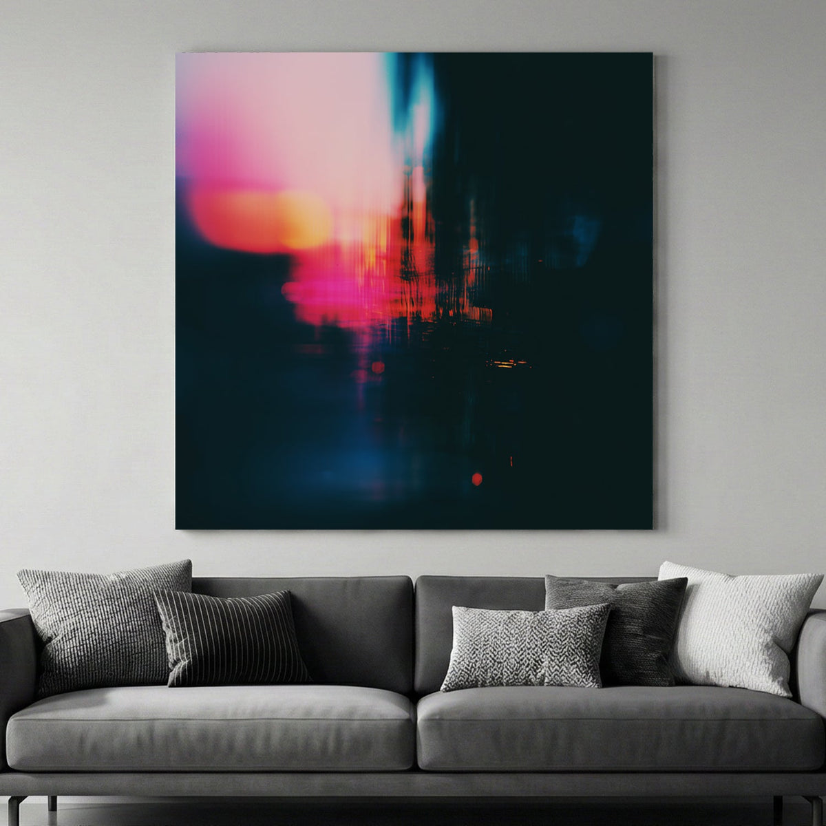 Abstract urban night city lights photography wall art with pink and blue bokeh.