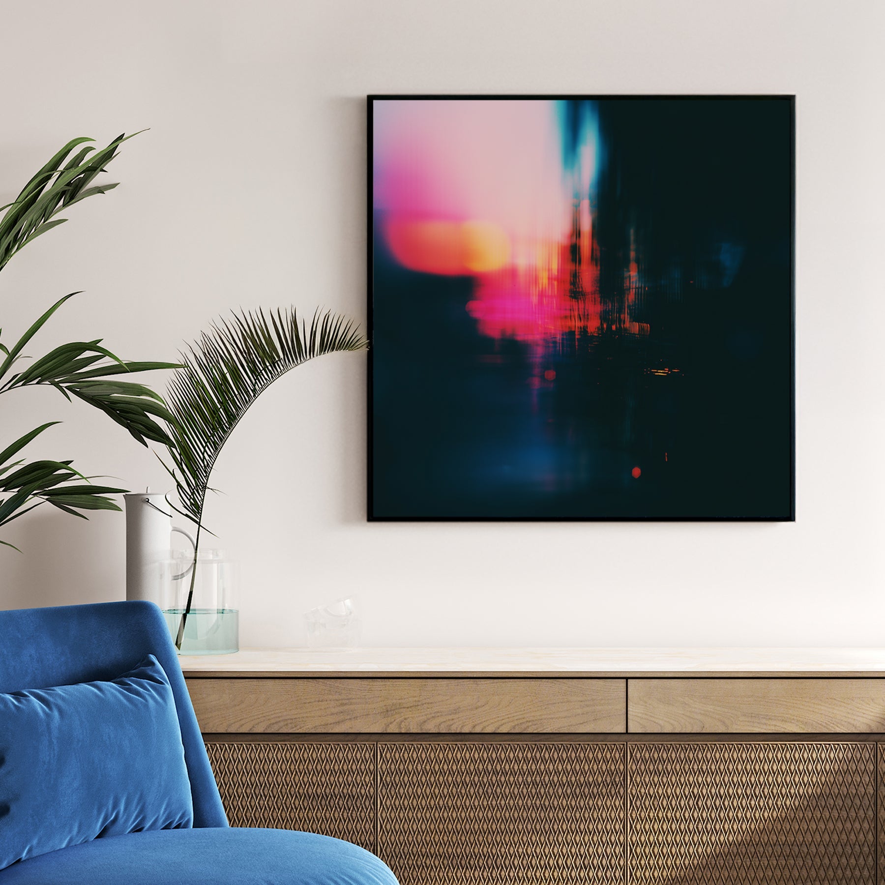 Abstract urban night city lights photography wall art with pink and blue bokeh.