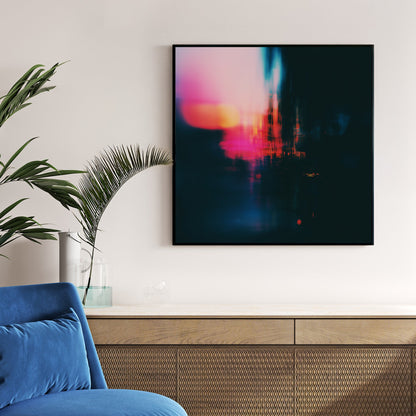 Abstract urban night city lights photography wall art with pink and blue bokeh.