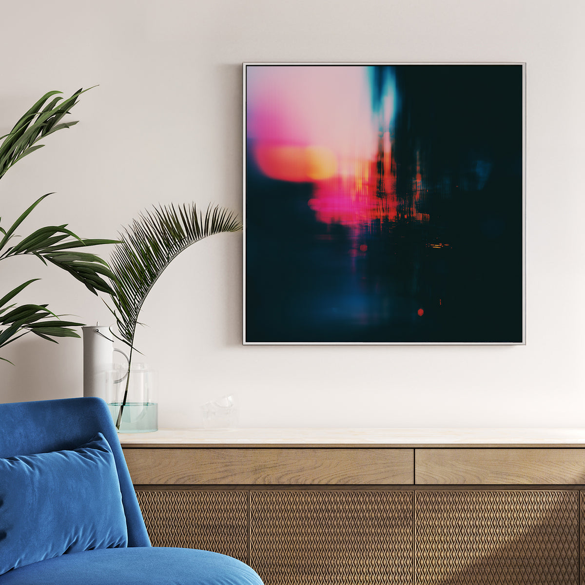 Abstract urban night city lights photography wall art with pink and blue bokeh.