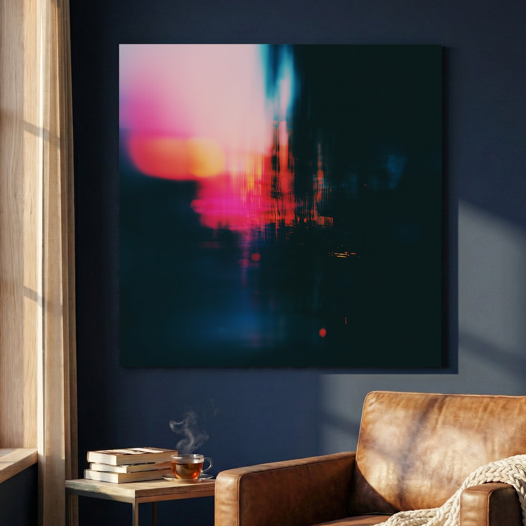 Abstract urban night city lights photography wall art with pink and blue bokeh.