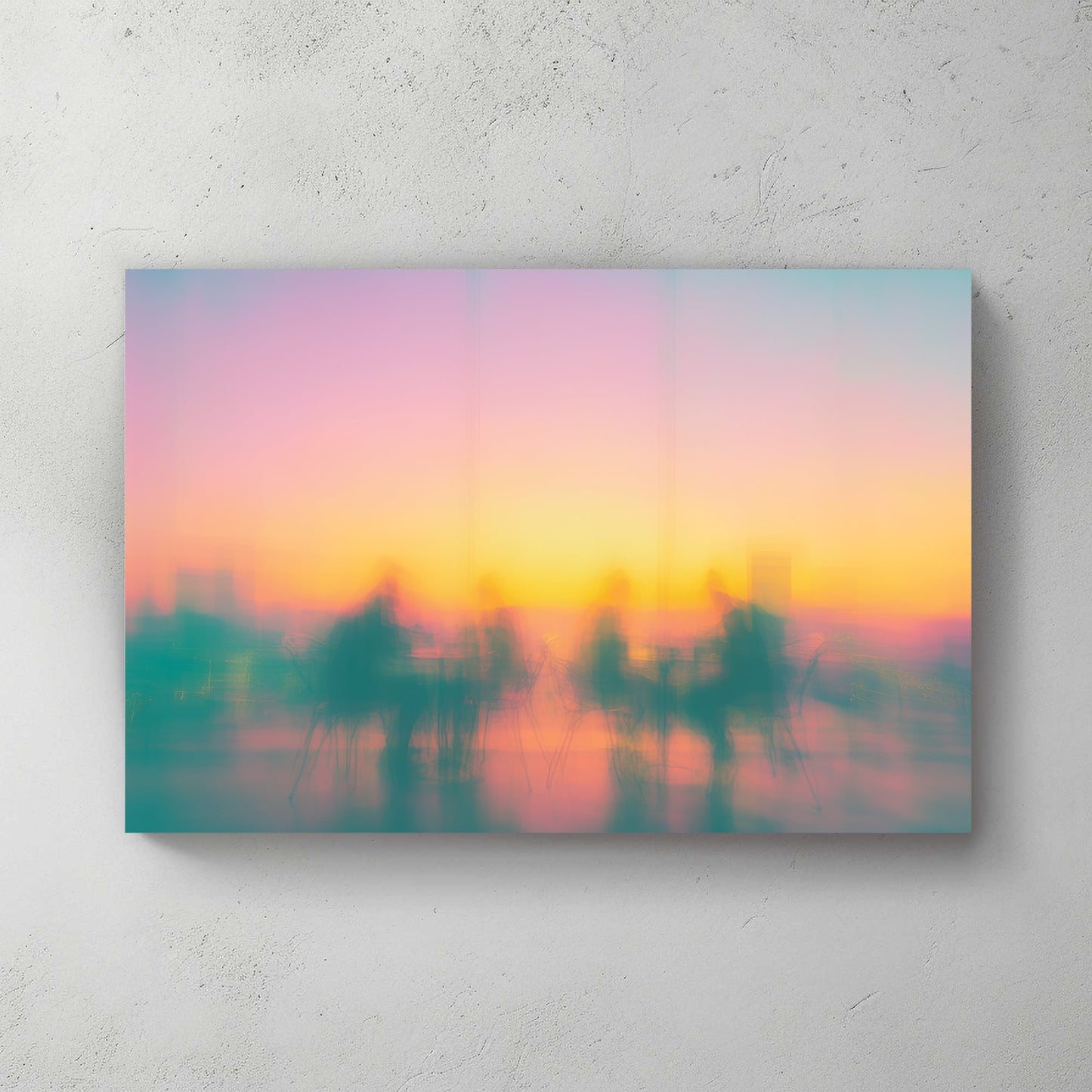 Blurred silhouettes of people at cafe tables during a colourful sunset wall art