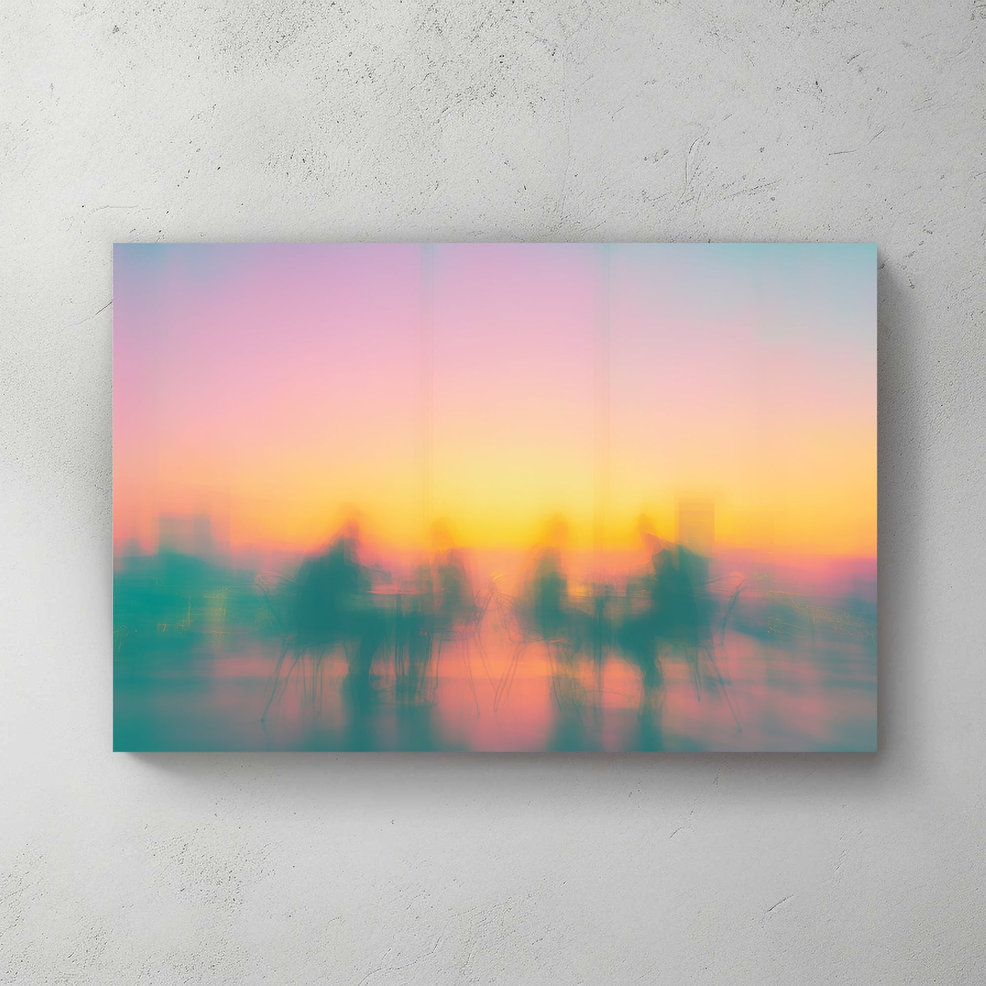 Blurred silhouettes of people at cafe tables during a colourful sunset wall art