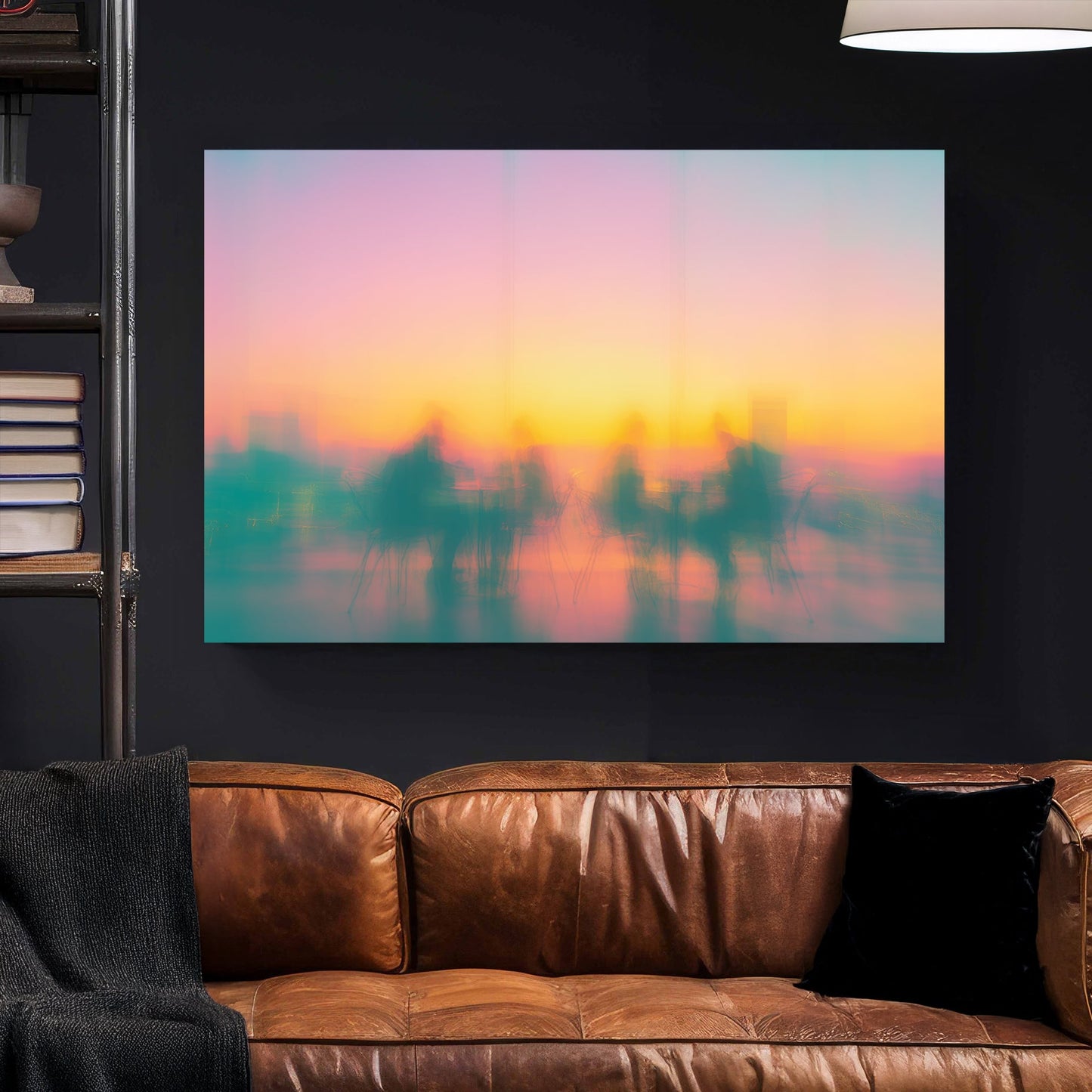 Blurred silhouettes of people at cafe tables during a colourful sunset wall art