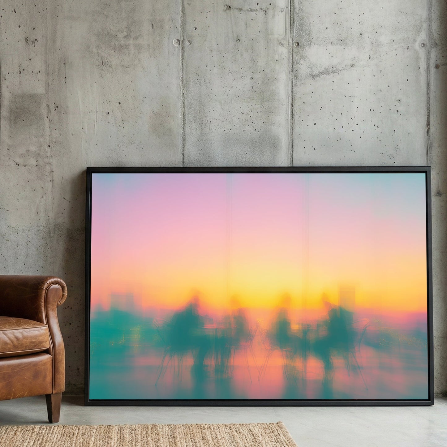 Blurred silhouettes of people at cafe tables during a colourful sunset wall art