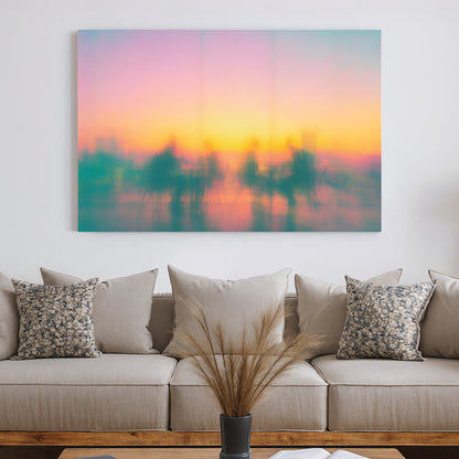 Blurred silhouettes of people at cafe tables during a colourful sunset wall art