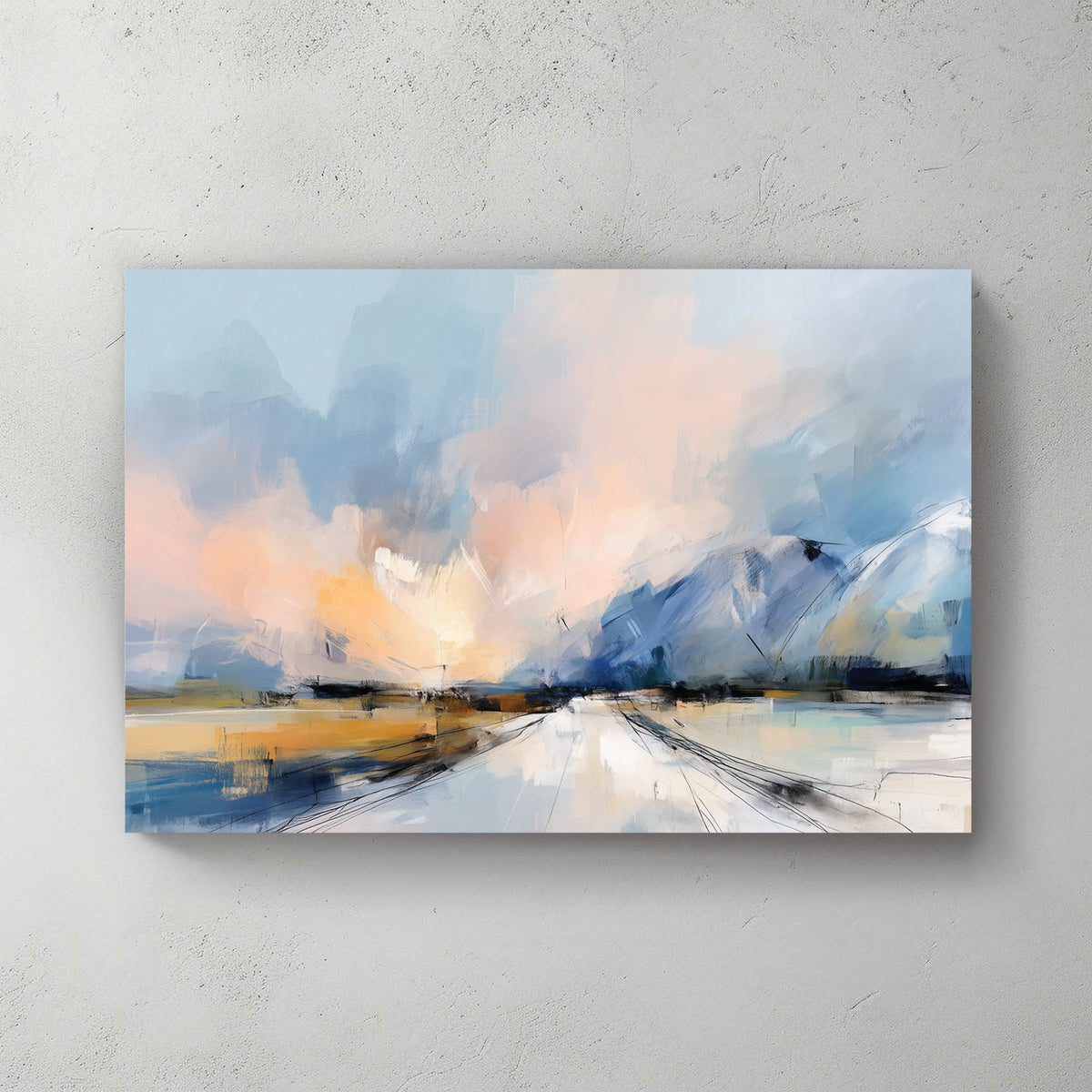 Abstract Mountain Landscape wall art with soft blue and peach tones in an impressionist style.