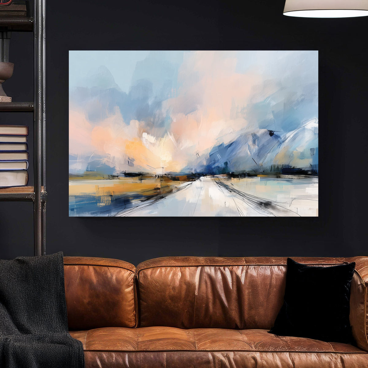 Abstract Mountain Landscape wall art with soft blue and peach tones in an impressionist style.