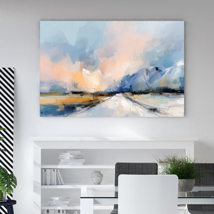 Abstract Mountain Landscape wall art with soft blue and peach tones in an impressionist style.