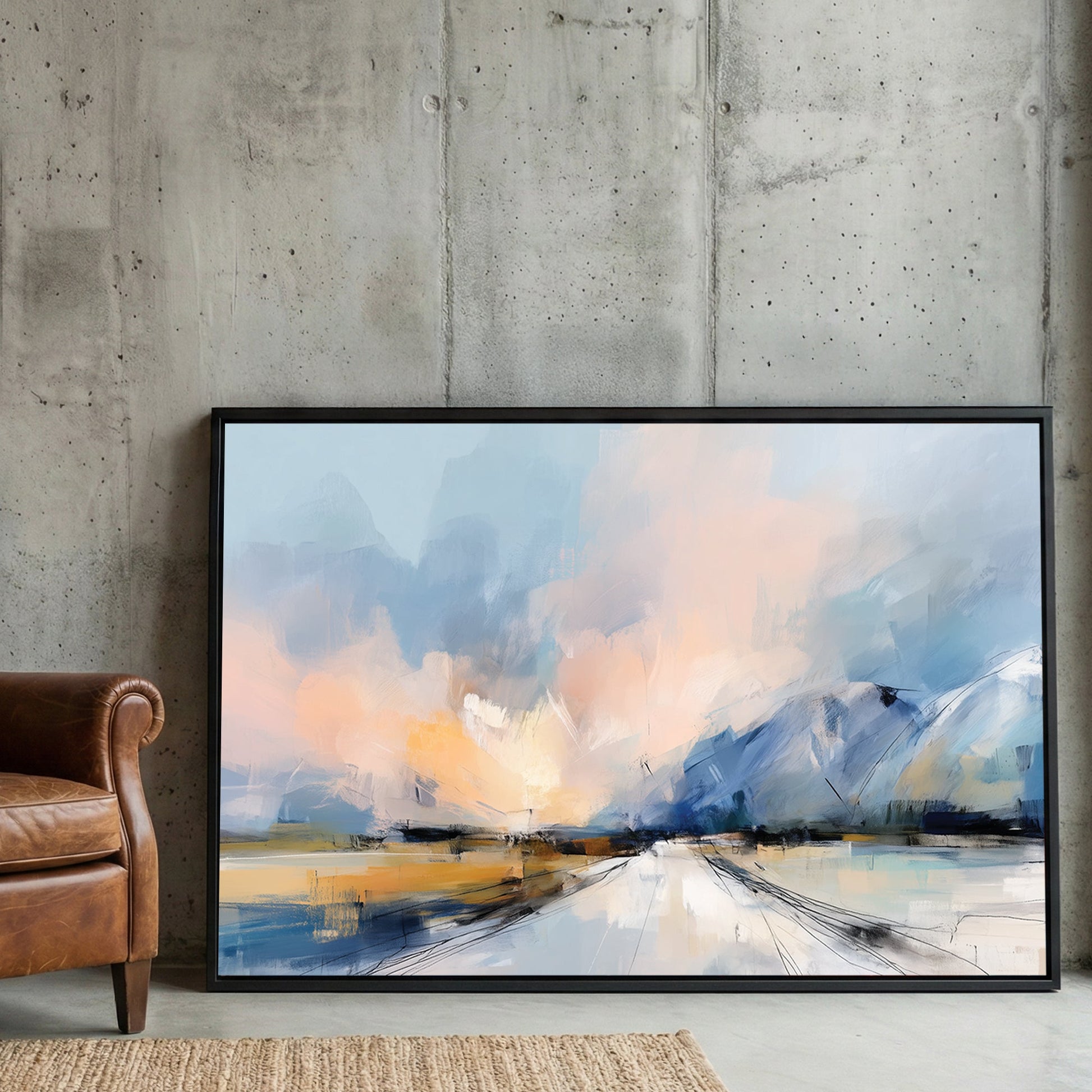 Abstract Mountain Landscape wall art with soft blue and peach tones in an impressionist style.
